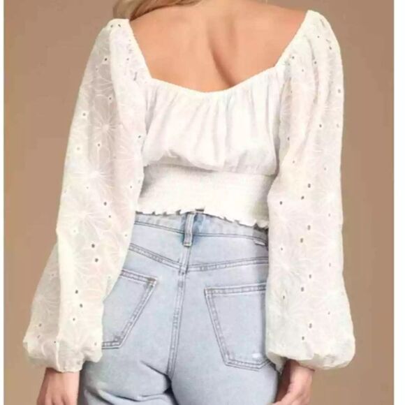 LuLu's Eagerly Anticipate White Embroidered Long Sleeves Floral Crop Top Sz SX - Picture 4 of 12